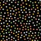 Colorful polka dots pattern on black background.
