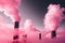 Colorful pollution from manufacturing plants. pink smoke. Generative AI