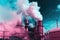 Colorful pollution from manufacturing plants. pink smoke. Generative AI