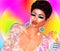 Colorful pop art image of woman`s face with fashion cosmetics.