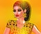 Colorful pop art image of woman`s face with fashion cosmetics, gold background.