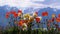 Colorful poppies against alpine mountains and Lake Geneva in Switzerland. Embankment in Montreux.