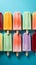 Colorful popsicles displayed on a blue background, top view