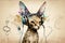 Colorful portrait of a cat with headphones listening to music on a grunge background