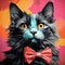 Colorful Portrait Of A Manx Cat With A Red Bow Tie In Andy Warhol Style