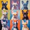 Colorful Portraits Of Six Large Francesque Bulldogs In Bay Area Figurative Art Style