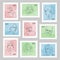 Colorful postage stamp set with hand drawing face