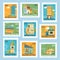 Colorful postage stamp set with house building