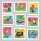 Colorful postage stamp set with tropical birds