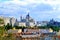 Colorful postcard view of Royal Madrid from the famous lookout at the Principe Pio Mountain