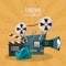 Colorful poster of cinema time with movie film projector and clapperboard and tickets