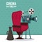 Colorful poster of cinema time with movie projector and director chair