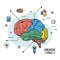 Colorful poster of creative mind with different parts of brain in colours and icons around