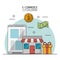 Colorful poster of e-commerce and shopping with store and tablet and gift and money