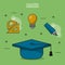 Colorful poster of education with graduation cap in closeup and icons of geometric rulers and light bulb and marker