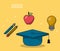 Colorful poster of education with graduation cap in closeup and icons of pencil and fountain pen and apple fruit and