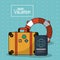 Colorful poster of enjoy vacation with luggage and passport and flotation hoop