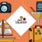 Colorful poster of enjoy vacation with photo camera and luggage and cocktail and sailboat and passport