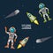 Colorful poster exploring the space with spaceships astronauts and asteroids