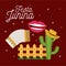 Colorful poster festa junina with starry background and wooden railing with cactus with hat