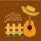 Colorful poster festa junina with starry background and wooden railing with guitar and hat