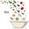 Colorful poster of fresh salad with vegetables and mushroom and cheese falling in bowl