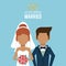 Colorful poster of we are getting married with faceless half body of couple of just married