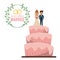 Colorful poster of we are getting married with wedding cake with couple married on top