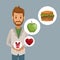 Colorful poster half body bearded man and icon of elements healthy food gifts