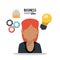 Colorful poster with half body and red hair business woman and business idea icons