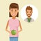 Colorful poster half body woman holding an apple fruit and icon with face bearded man