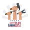 Colorful poster of happy labor day with hands with tools spanner and hammer and screwdriver