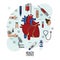 Colorful Poster of health control in white background with human heart system in closeup and icons around