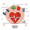 Colorful poster of healthy lifestyle with heart pulse icon in closeup and dumbbell and broccoli and apple and glass of