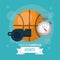Colorful poster of healthy lifestyle sports with basketball ball whistle and chronometer