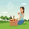 Colorful poster scene landscape of picnic day with basket full food and woman with apple in her hand