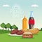 Colorful poster scene landscape of picnic day with soda sauce and barbecue food in grass