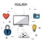 Colorful poster of social media with desktop computer and icons heart and padlock and cloud link and light bulb and