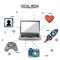 Colorful poster of social media with desktop computer and icons heart and profile picture and game controller and rocket