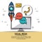 Colorful poster of social media with desktop computer and icons of rocket and speech bubble and phone and mail