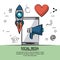 Colorful poster of social media with icons rocket megaphone heart and smartphone in back