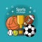 Colorful poster of sports lifestyle with trophy and balls of soccer basketball football tennis and baseball