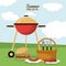 Colorful poster of summer picnic with field landscape with picnic basket and charcoal grill and dishes with sausage and