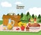 Colorful poster of summer picnic with outdoor landscape and picnic basket in tablecloth with juice jar and fruits and