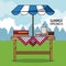 Colorful poster of summer picnic with outdoor landscape and table with sunshade and pie and coffee jar with cup