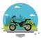 Colorful poster of transport with motorcycle on background outskirts of the city in shape of sphere