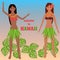 Colorful poster with tropical rest, time off on Hawaii islands, vacation, weekend, Aloha, Girl dancing hula, Luau party elements