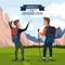 Colorful poster of wanderlust the adventure await with climber couple in outdoor landscape