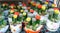 Colorful pots of cactus in the ornamental flower market.