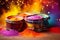 Colorful pots and drumms with Holi powder, Indian festival of colors